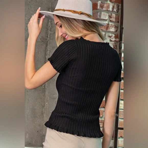 Lettuce Trim Ribbed Pearl Button Down Blouse - eesome - Picture 3 of 5